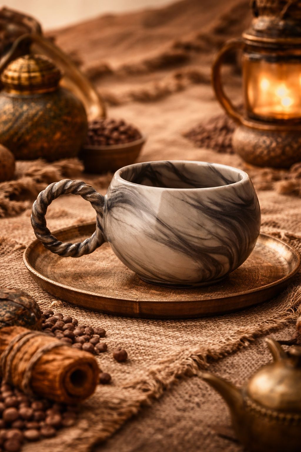 Siyah Ebruli Desenli Seramik Kupa