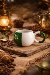 Mug Yeşil Beyaz Yatay Double Türk Kahvesi Seramik Kupa Fincan Bardak