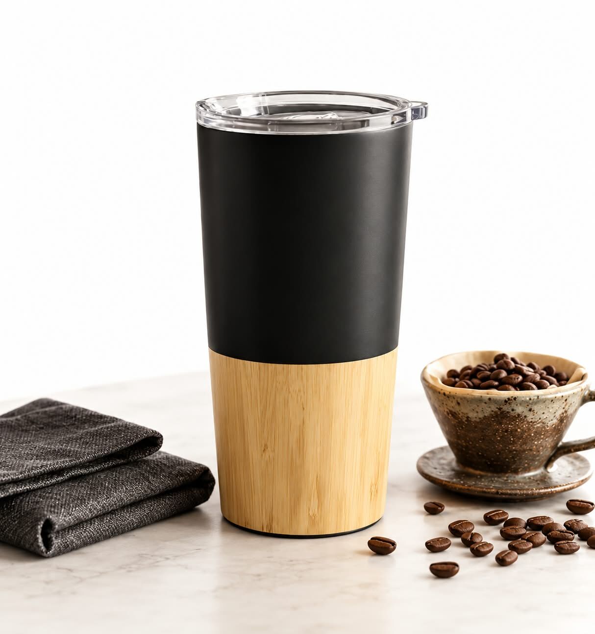 Premium Termos Bardak – Siyah & Doğal Ahşap 500 Ml